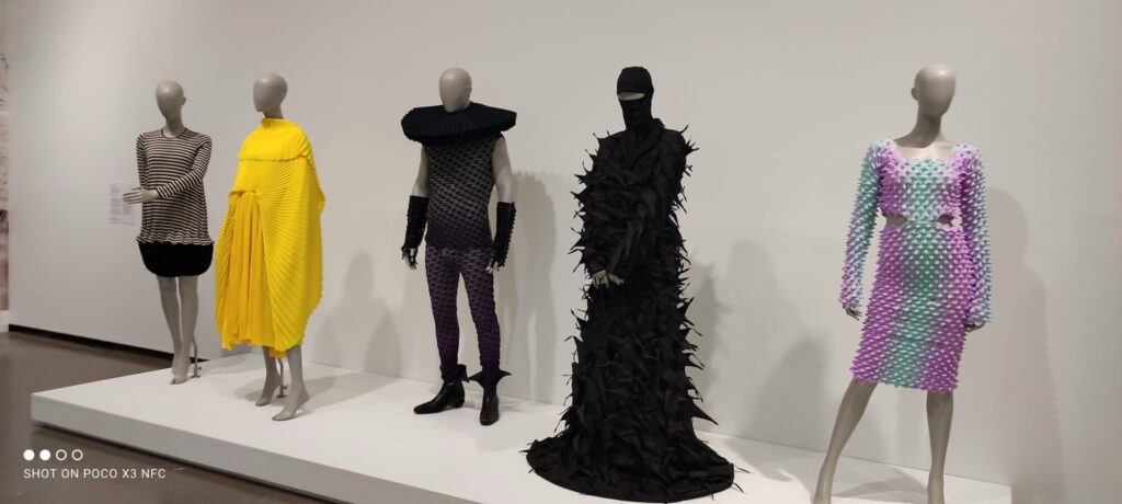 A line of sculptural silhouettes, Fashion Fictions, Vancouver Art Gallery